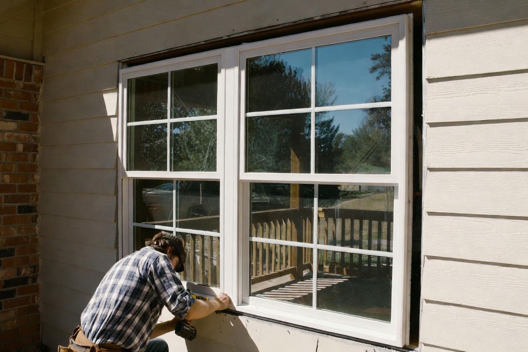 Professional installers leveling double hung windows during installation in Colorado mountain home