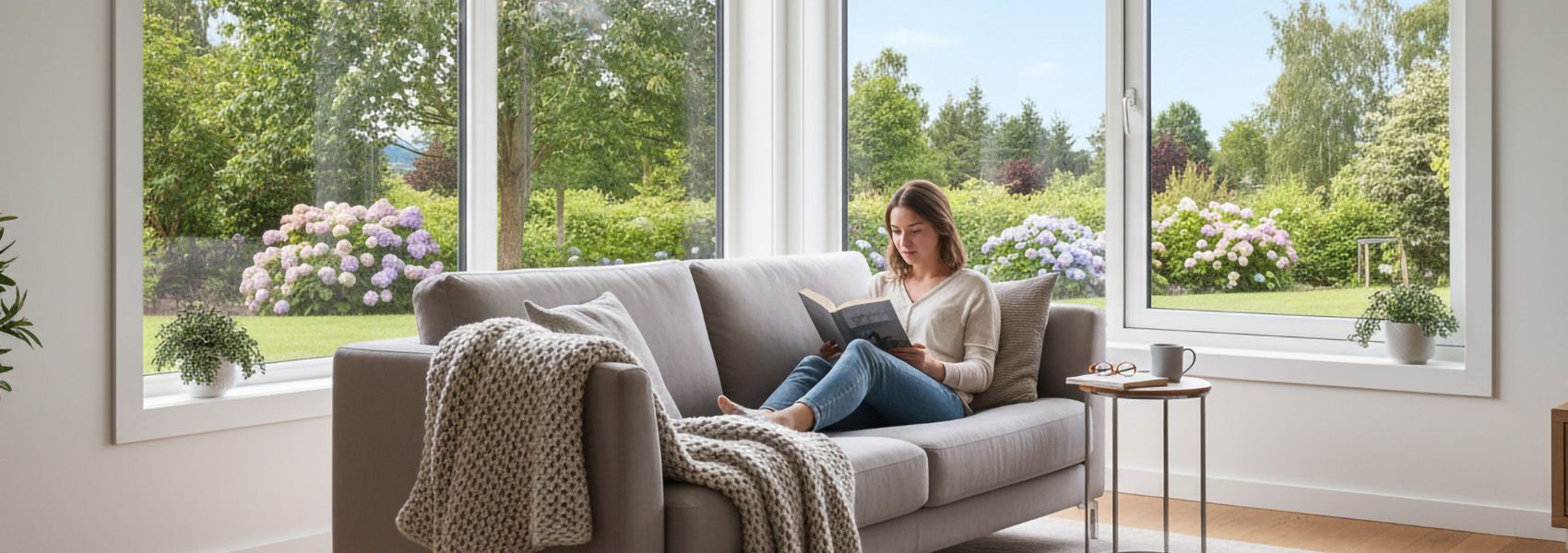 Woman reading peacefully in bright living room corner double pane windows blocking outside noise