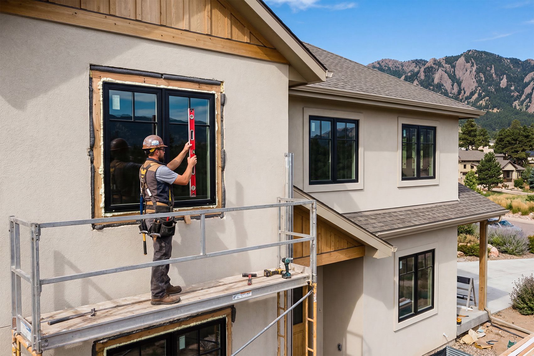 Professional installers leveling double hung windows during installation in Colorado mountain home