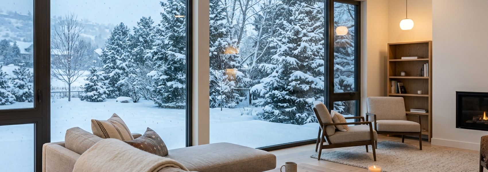 Warm Denver living room with a fireplace and large windows framing a snowy winter yard