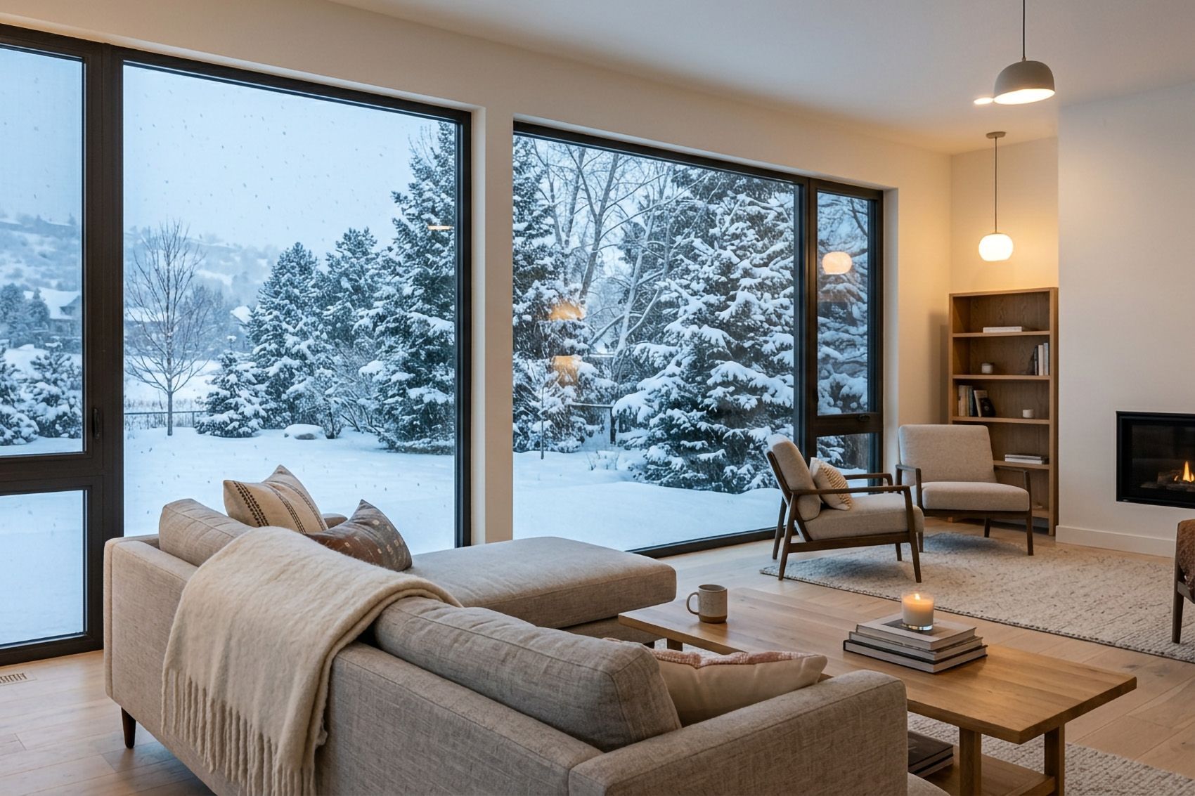Warm Denver living room with energy-efficient windows on a snowy winter day