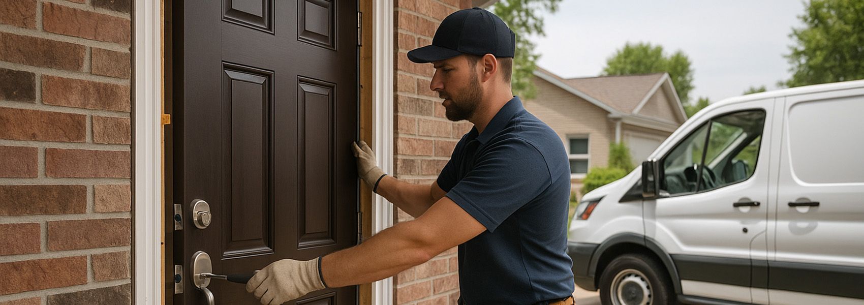 Professional contractor installing entry door with service truck showing local installation service