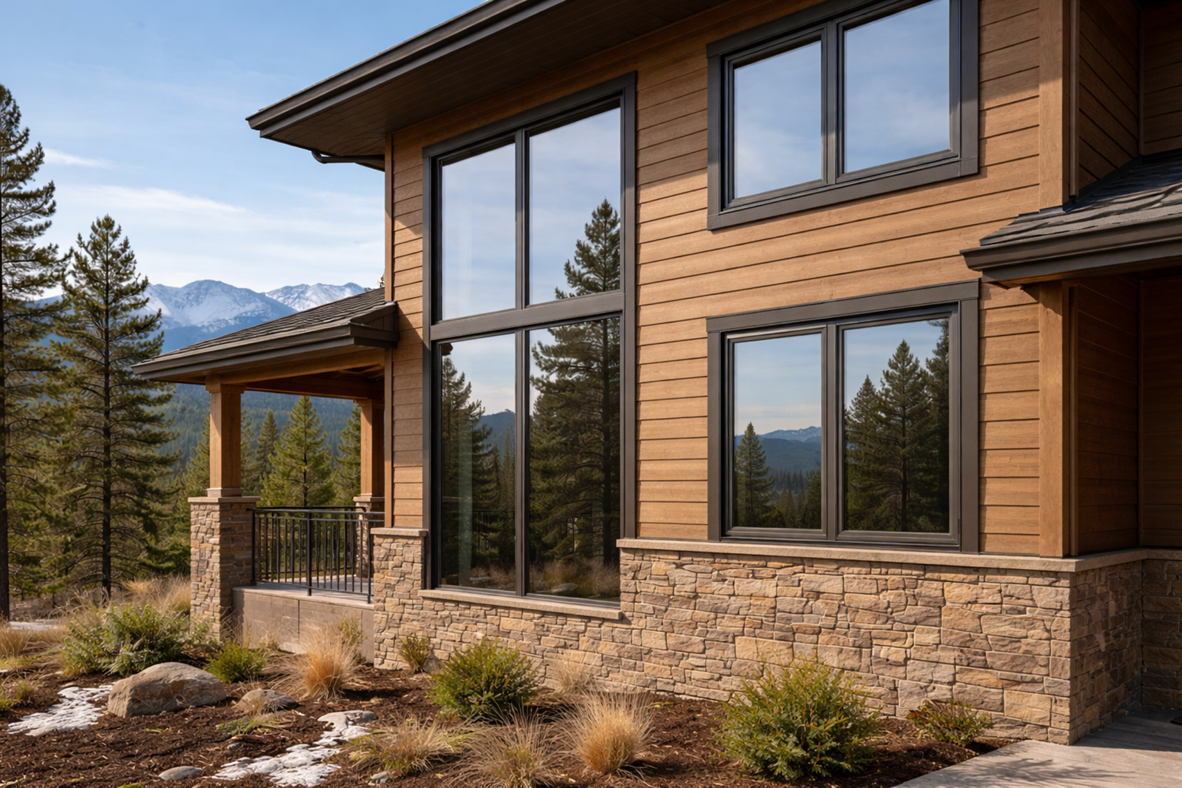 Aluminum-clad windows on Colorado mountain home with bronze frames