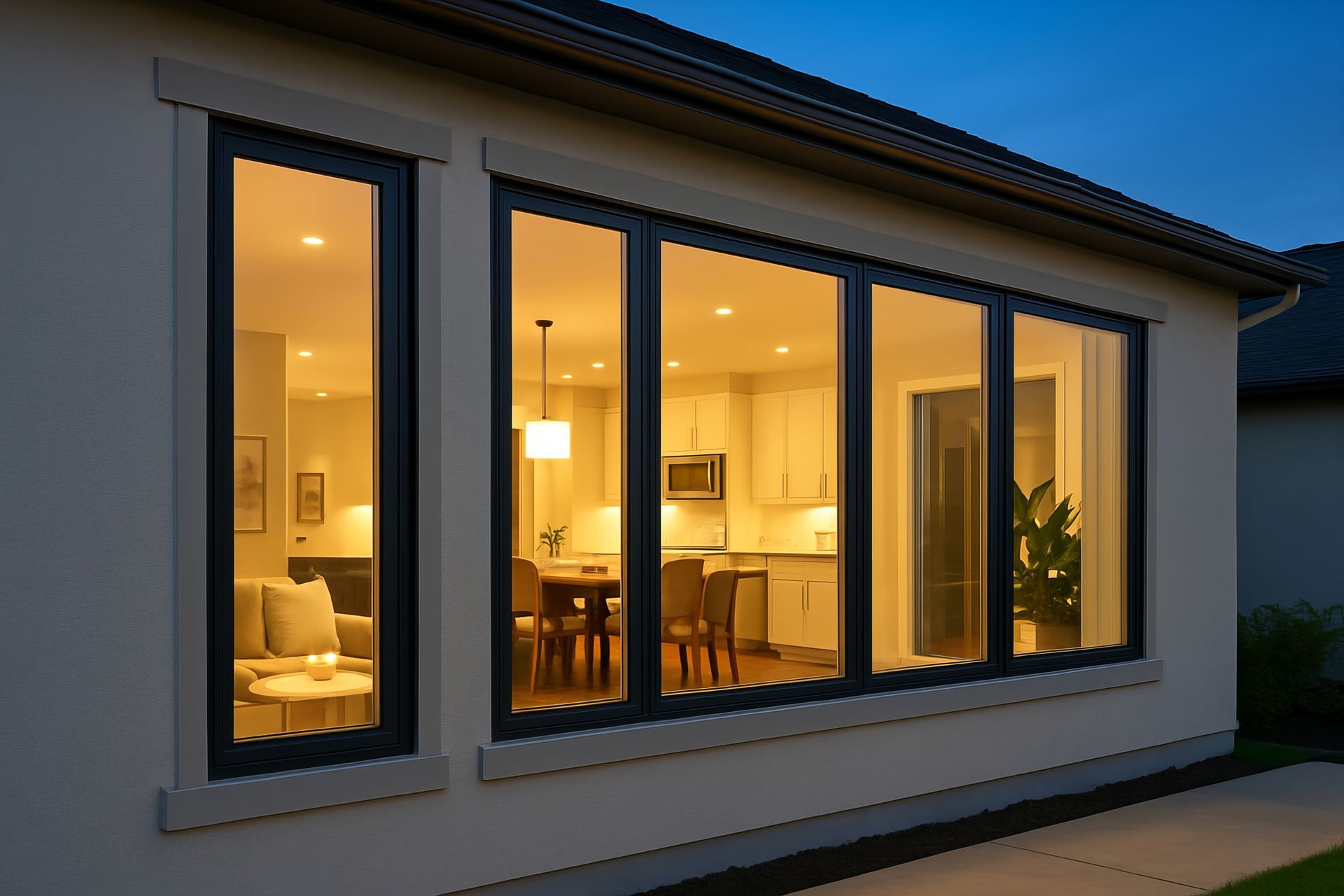 Modern fiberglass windows at twilight, glowing interior