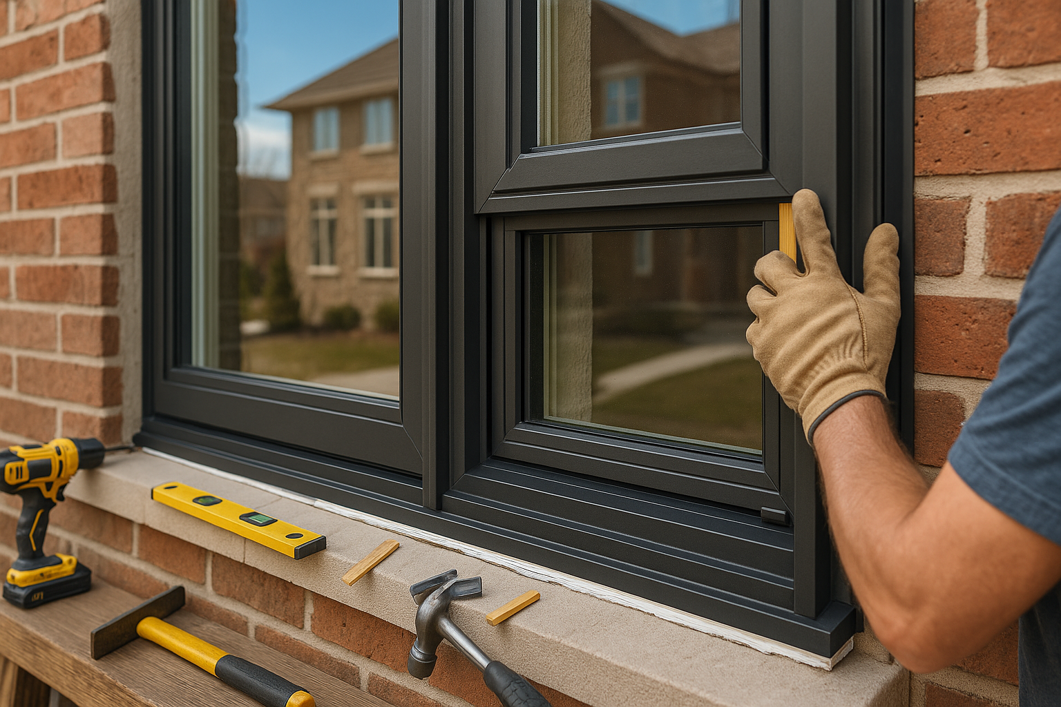 Professional installer working on fiberglass window installation with tools on brick home exterior