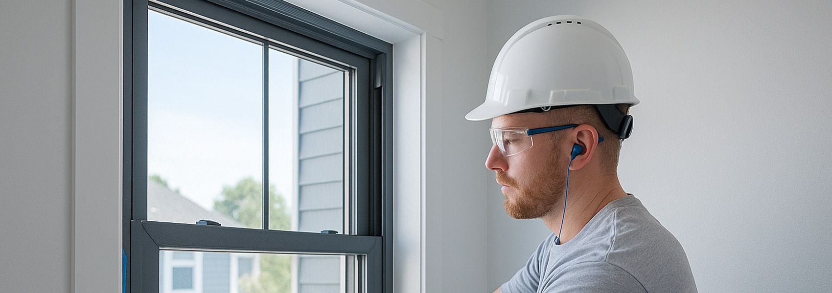 Professional contractor installing fiberglass windows with specialized tools and safety equipment