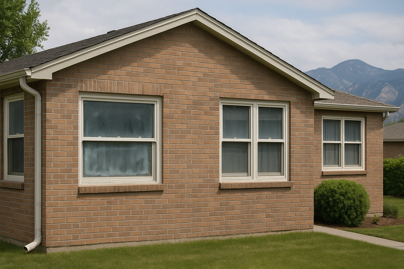 Denver home showing condensation problems in cheap windows with mountain backdrop
