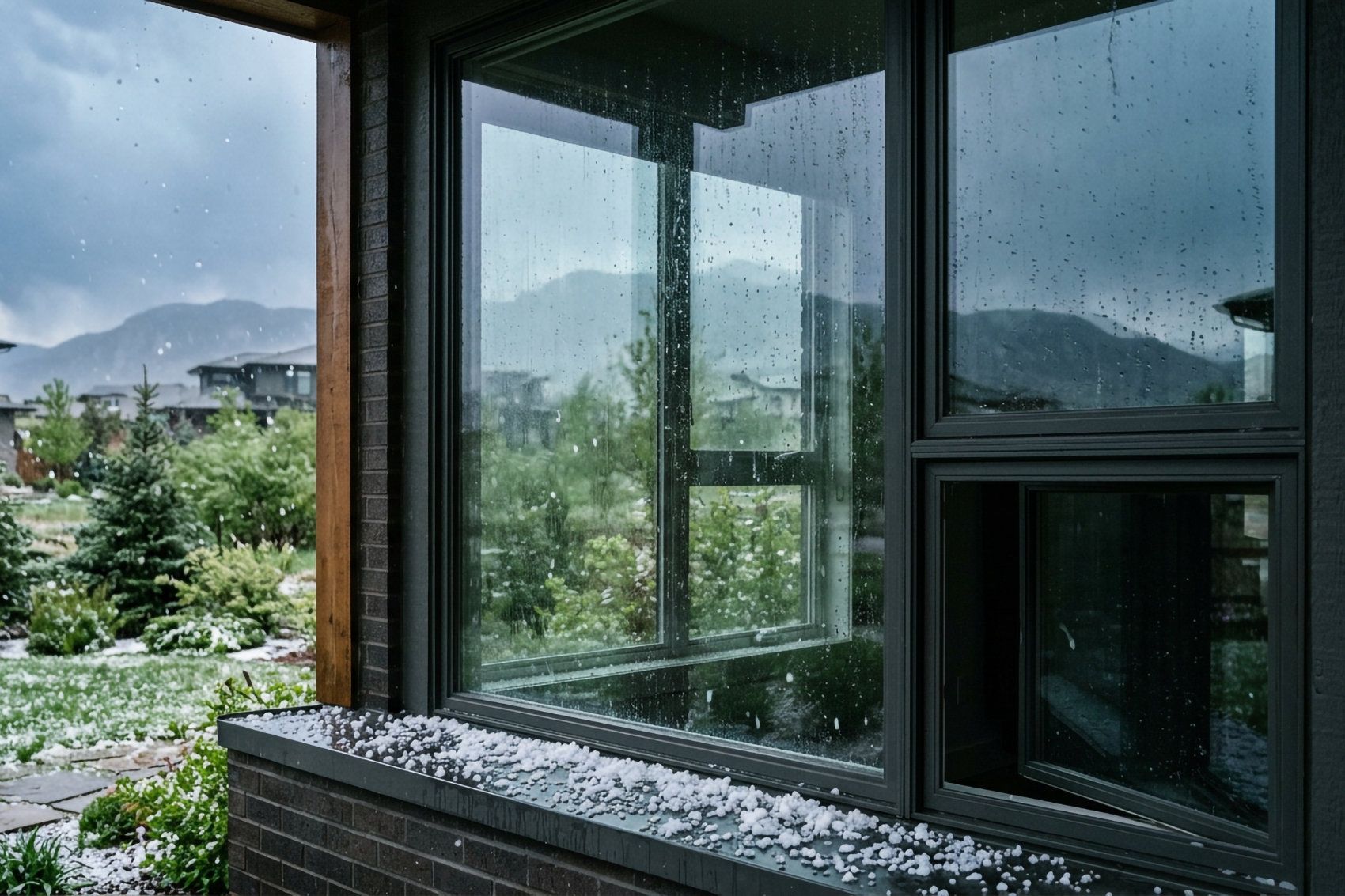 Colorado home windows after a hailstorm showing the need for impact-resistant glass
