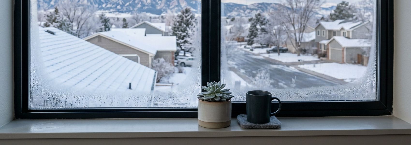 Light condensation on black-framed Colorado window with frosty neighborhood and foothills at dawn