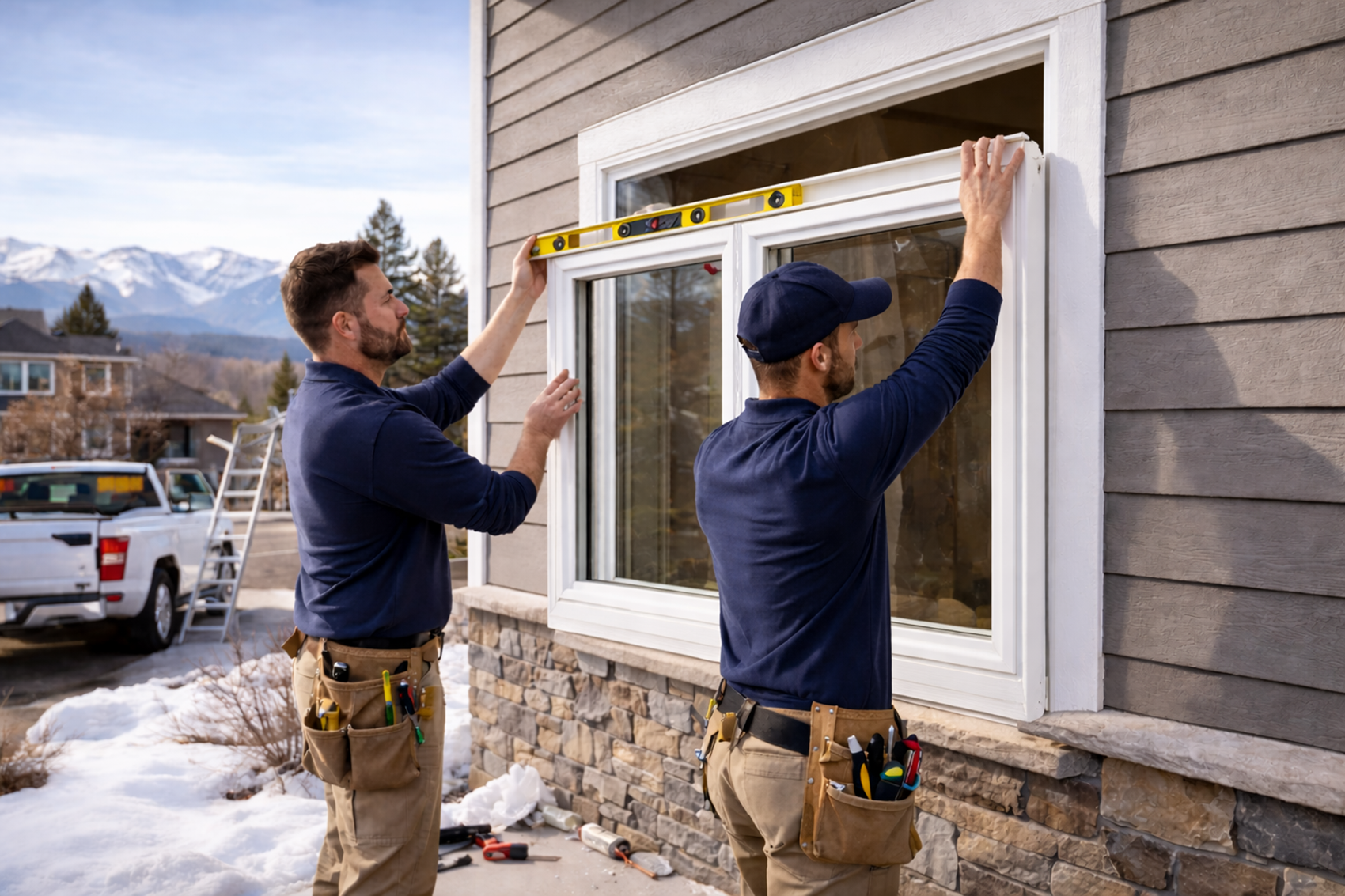 Professional installers leveling double hung windows during installation in Colorado mountain home