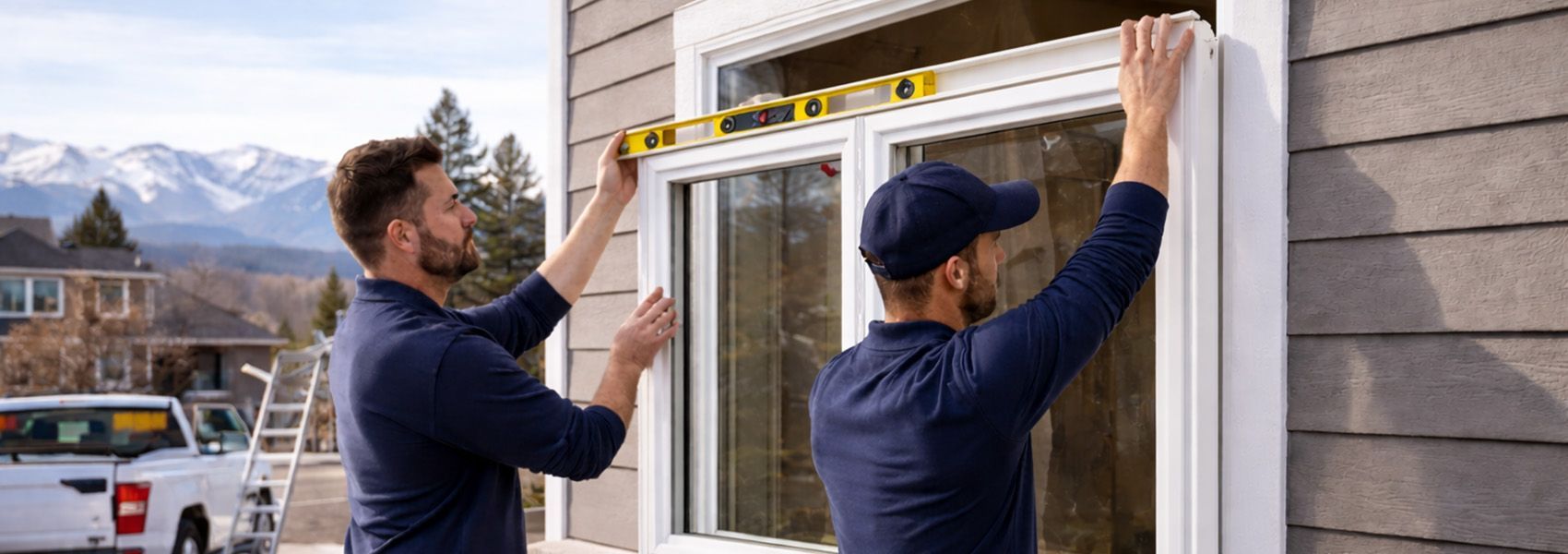 Professional window contractors installing window in Lakewood CO with mountain backdrop