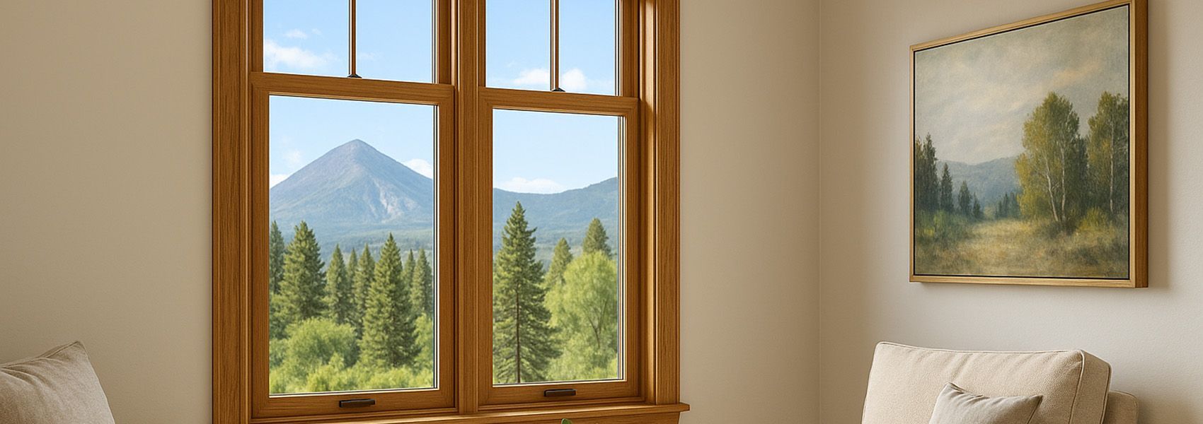 Beautiful Marvin double-hung wood windows in Colorado home living room with mountain views