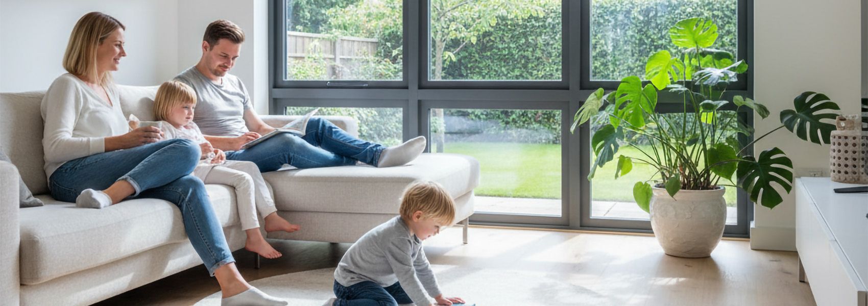 Family enjoying bright, cozy living room with new windows showcasing transformation benefits