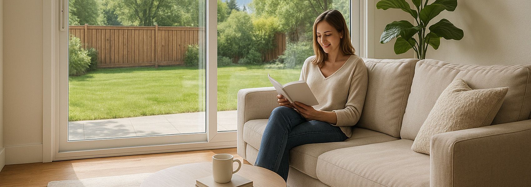 Woman reading comfortably near energy-efficient sliding glass doors with natural light UV protection