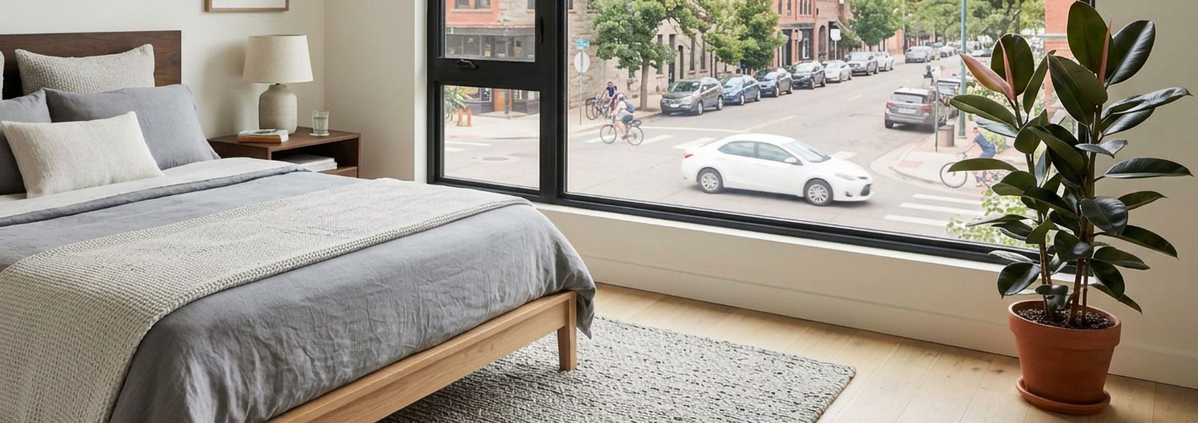 Quiet Denver bedroom with a large picture window framing a busy urban street outside