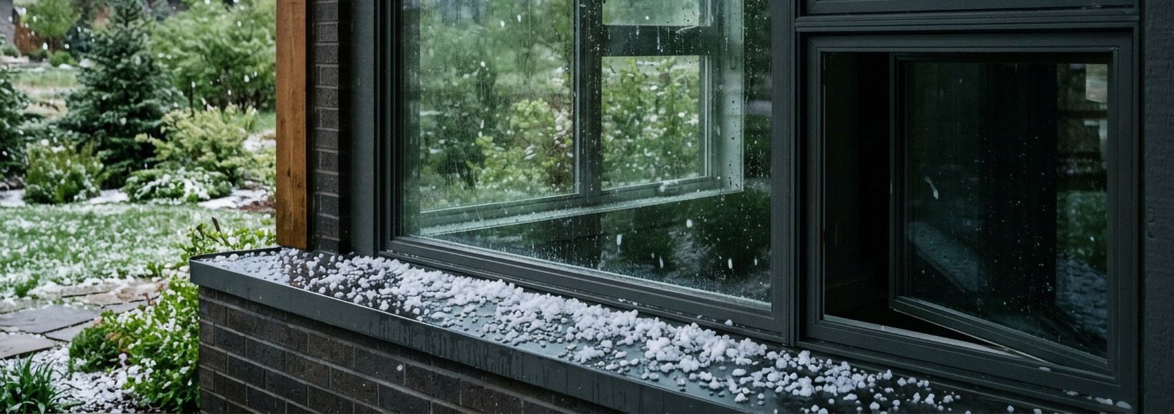 Hail collected on the sill of an intact Colorado home window during a spring hailstorm