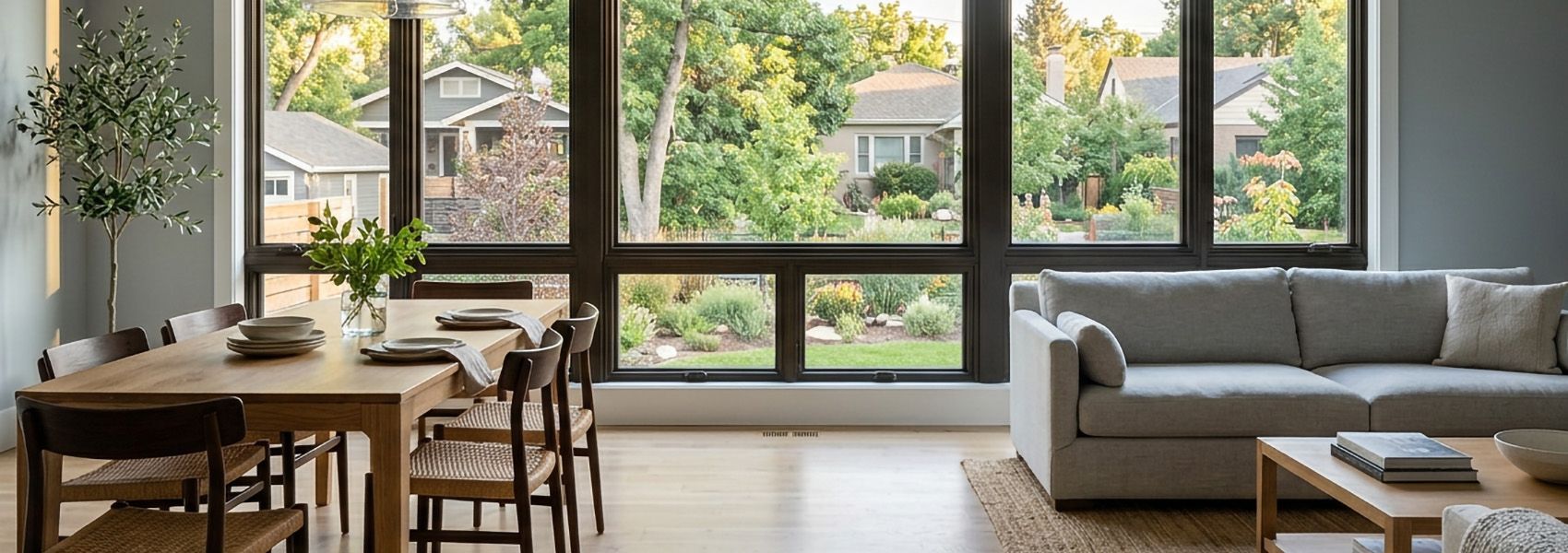 Bright Denver living and dining room with large quality windows facing a leafy neighborhood