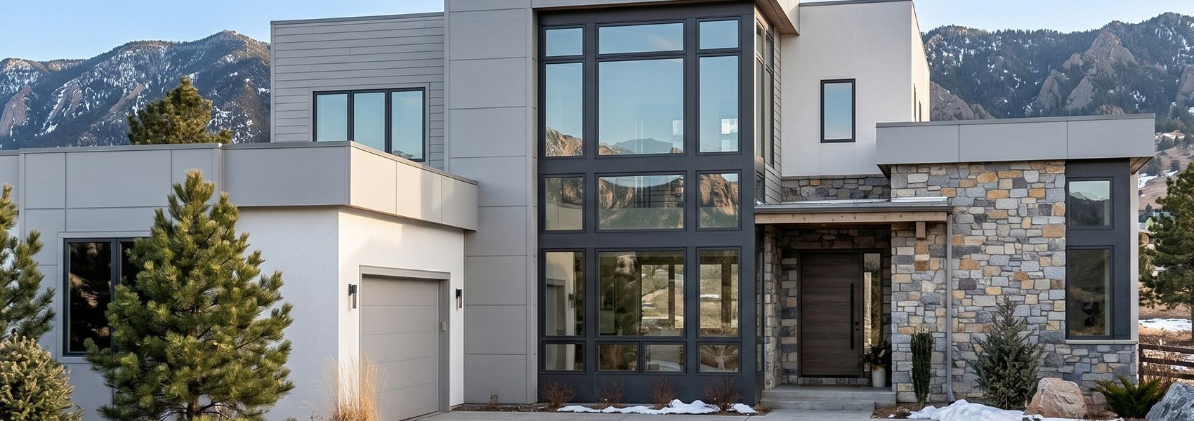 Modern Colorado home with large black-framed windows and the Front Range foothills behind it