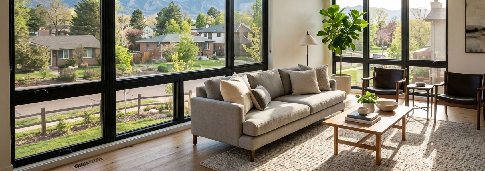Bright Colorado living room with black-framed windows on two walls facing mountains