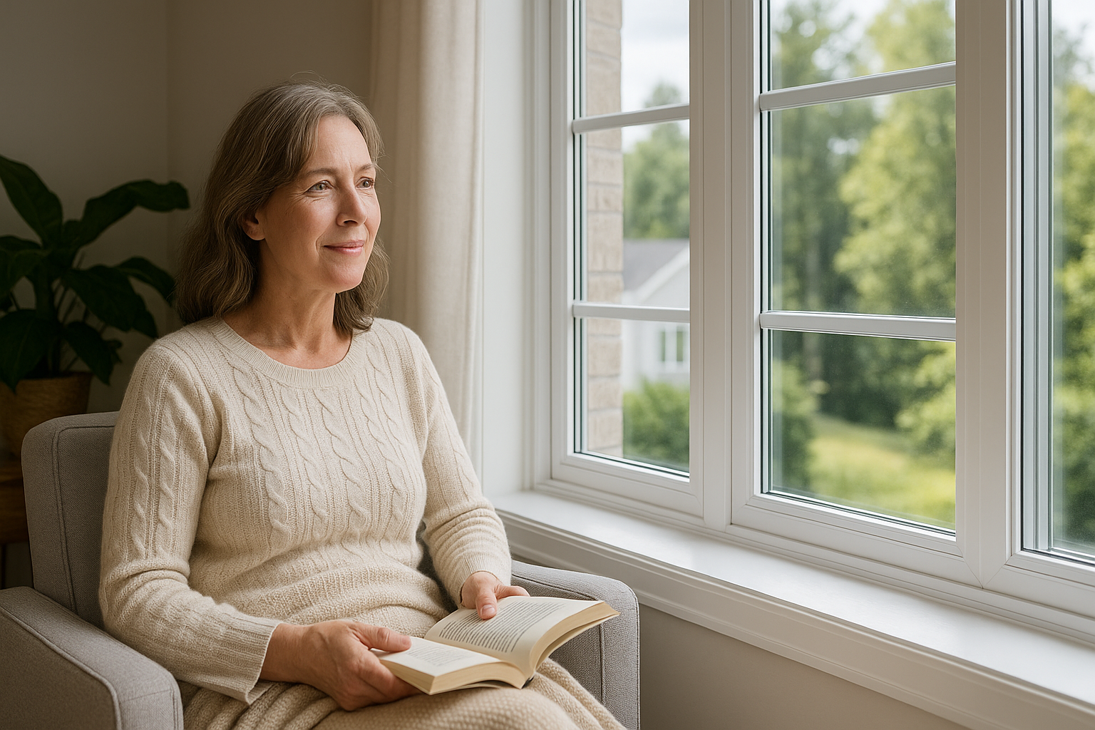 Woman reading comfortably near upgraded double pane windows showing improved home comfort and energy