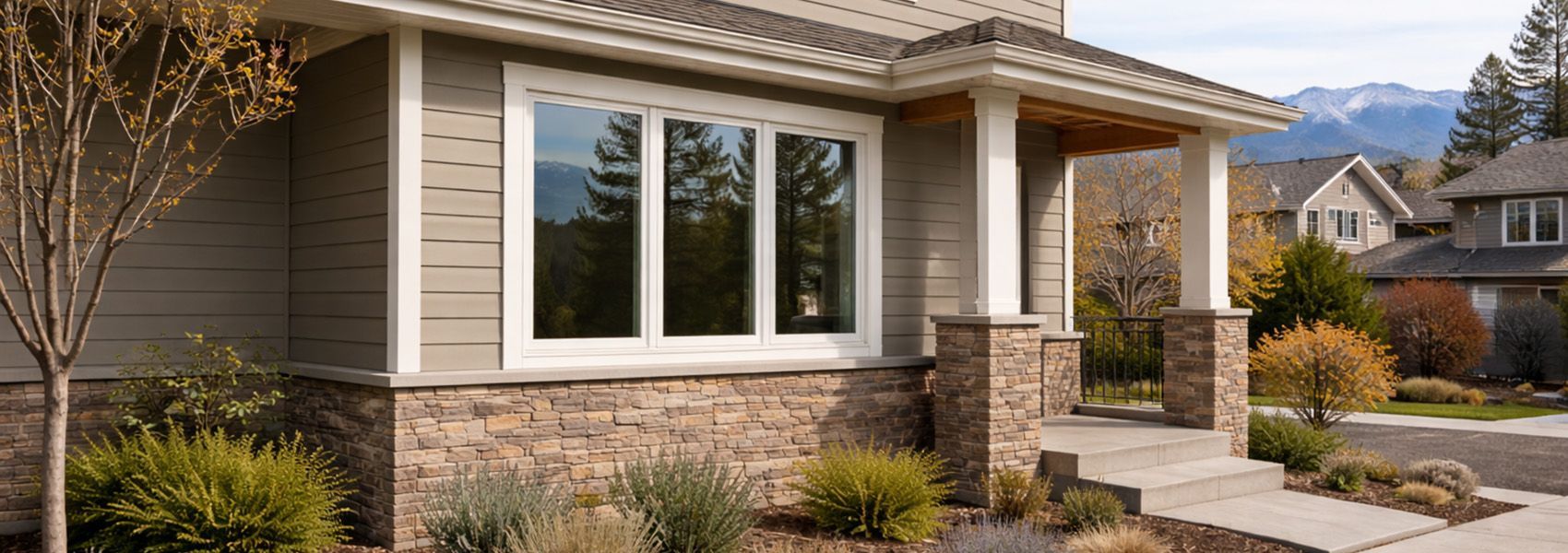 Quality replacement windows on Colorado home with mountain backdrop