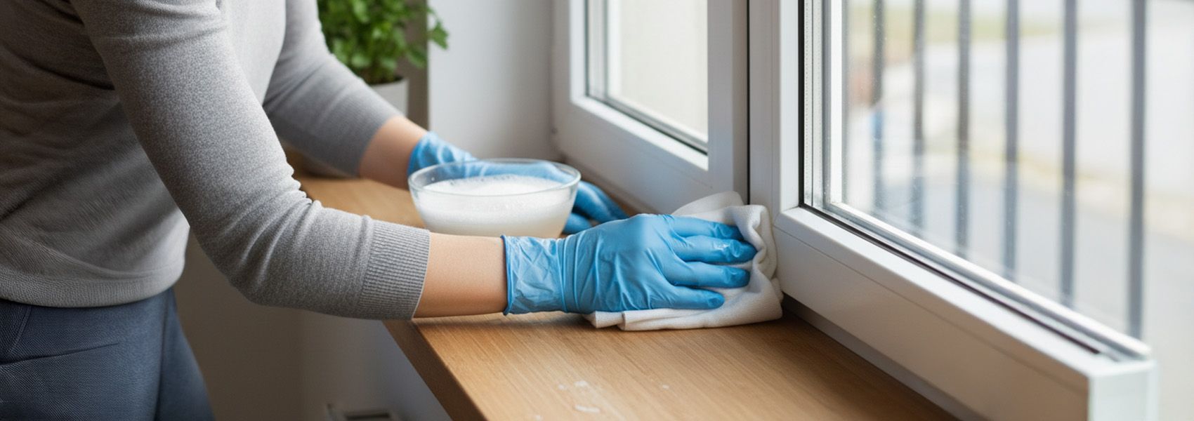 Homeowner cleaning white vinyl window frame and cloth demonstrating proper maintenance technique