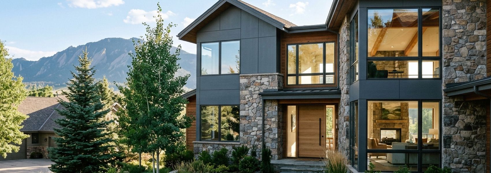 Modern Colorado mountain home at high elevation with large clear windows and Front Range views