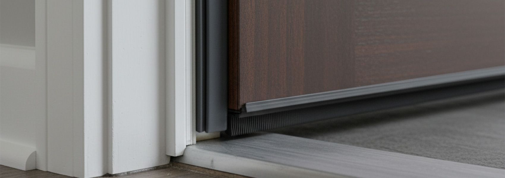 Close-up entry door threshold weather stripping showing professional sealing system and installation