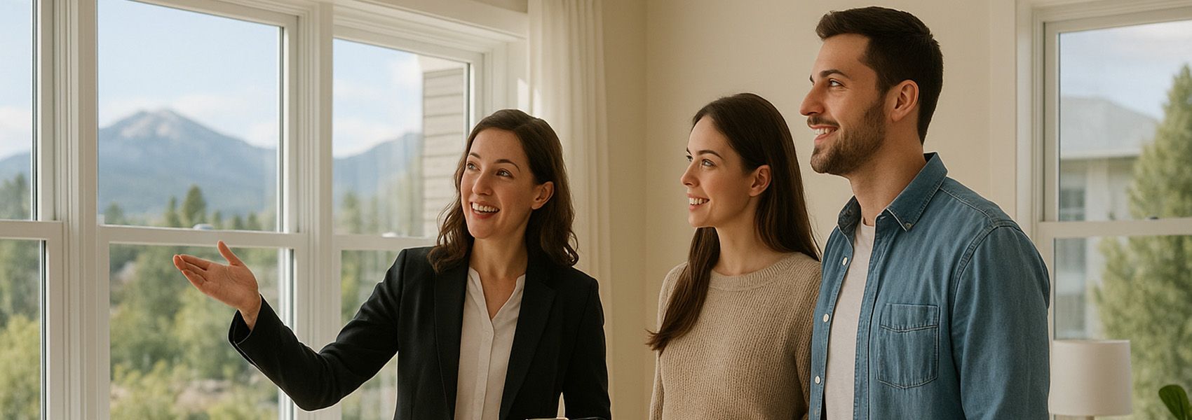 Real estate agent showing quality windows to buyers during Colorado home showing with mountain views