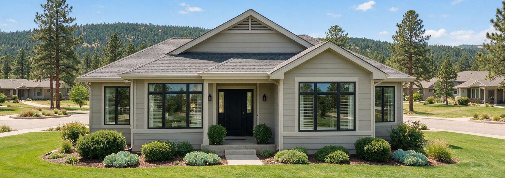 Colorado foothills home with black-framed windows and cleared defensible space around the property
