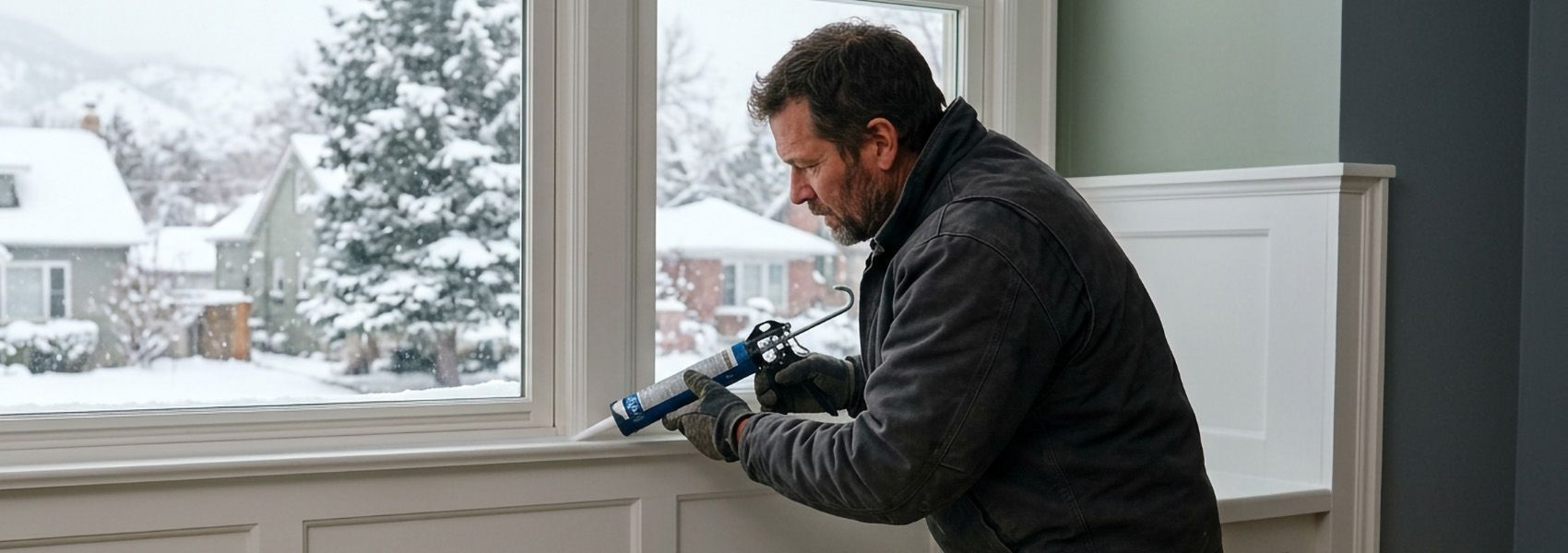 Installer kneeling to apply sealant on a new window in a Denver home with snow falling outside