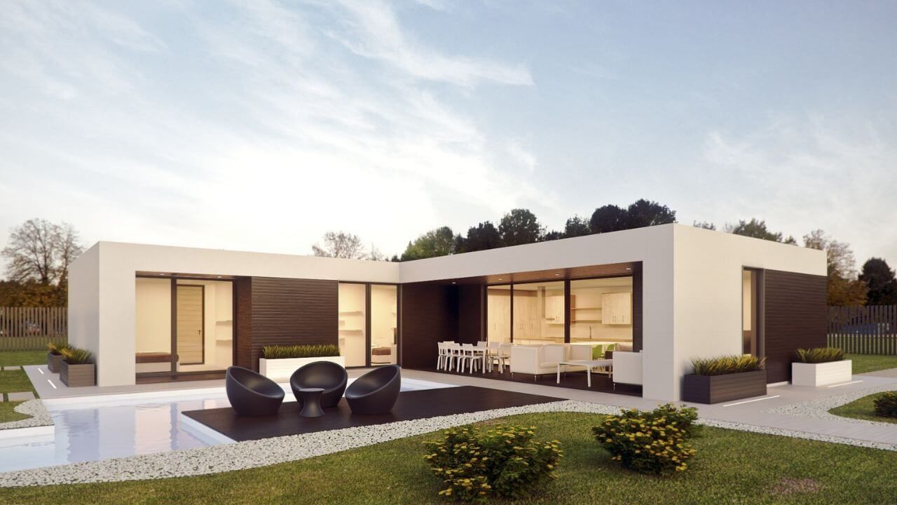 A modern home featuring a pool and patio.