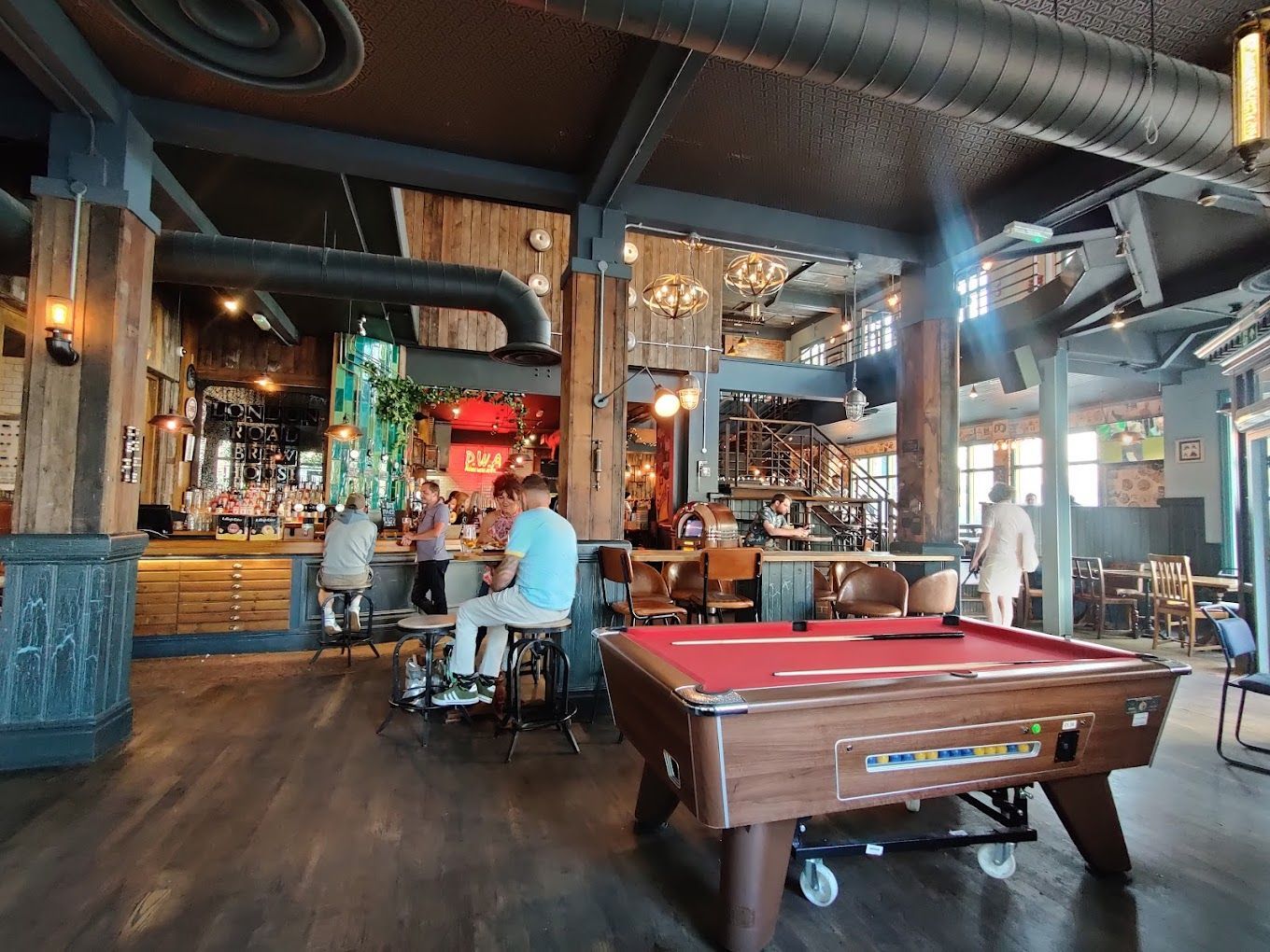 London Road Brew House, Southampton, ground floor games area, shoowing the industrial design of the pub.