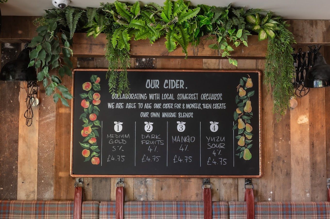 Bath Cider House, cider menu board, with timber clad walls and feature internal plants.