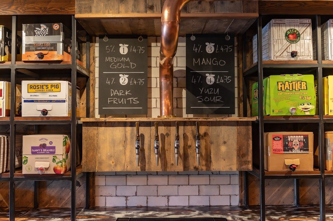 Bath Cider House, view of backbar showing cider offer and cider dispense taps.