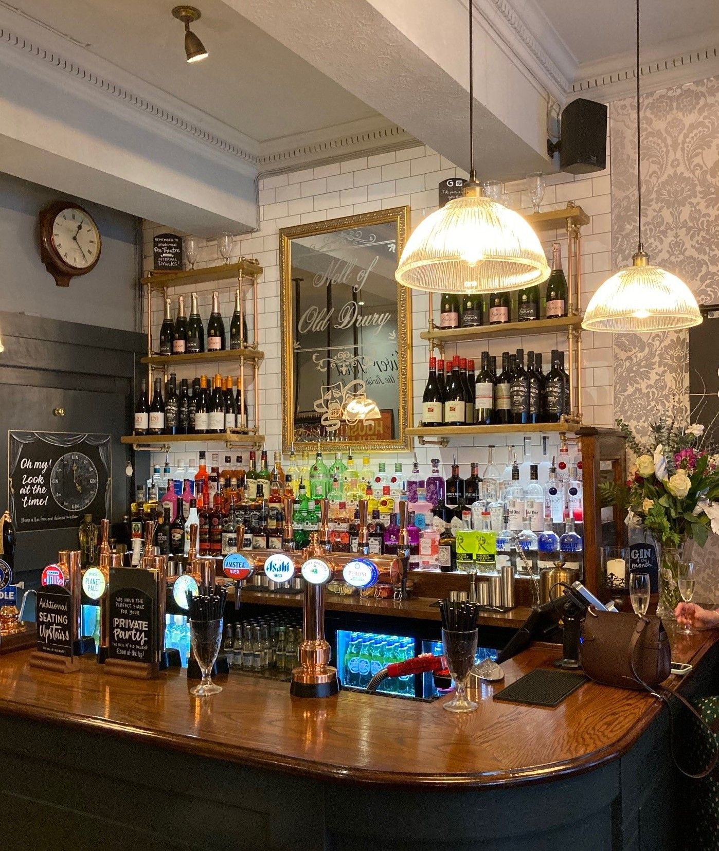 Nell of Old Drury, Covent Garden, London, ground floor main bar counter and backfitting.