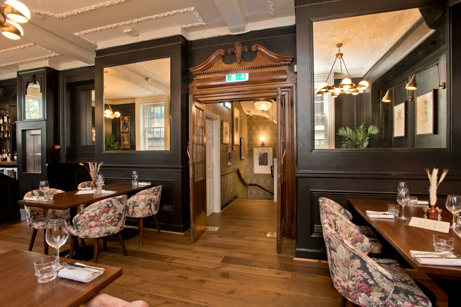 The Duchess, Marylebone, London, first floor dining area looking towards entrance from stairs.