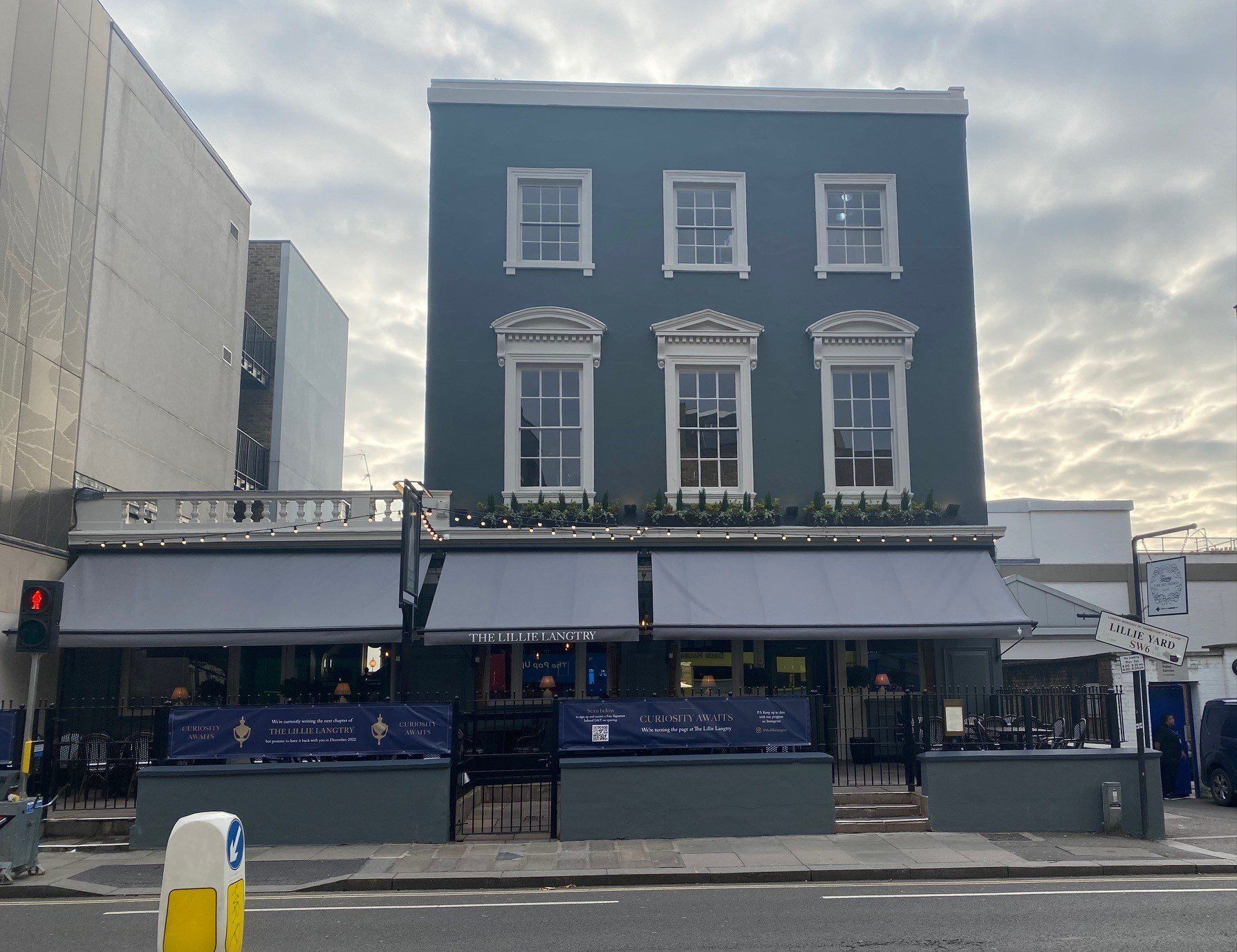 Lillie Langtry, Fulham, showing newly decorated building exterior, and new retractable awnings.