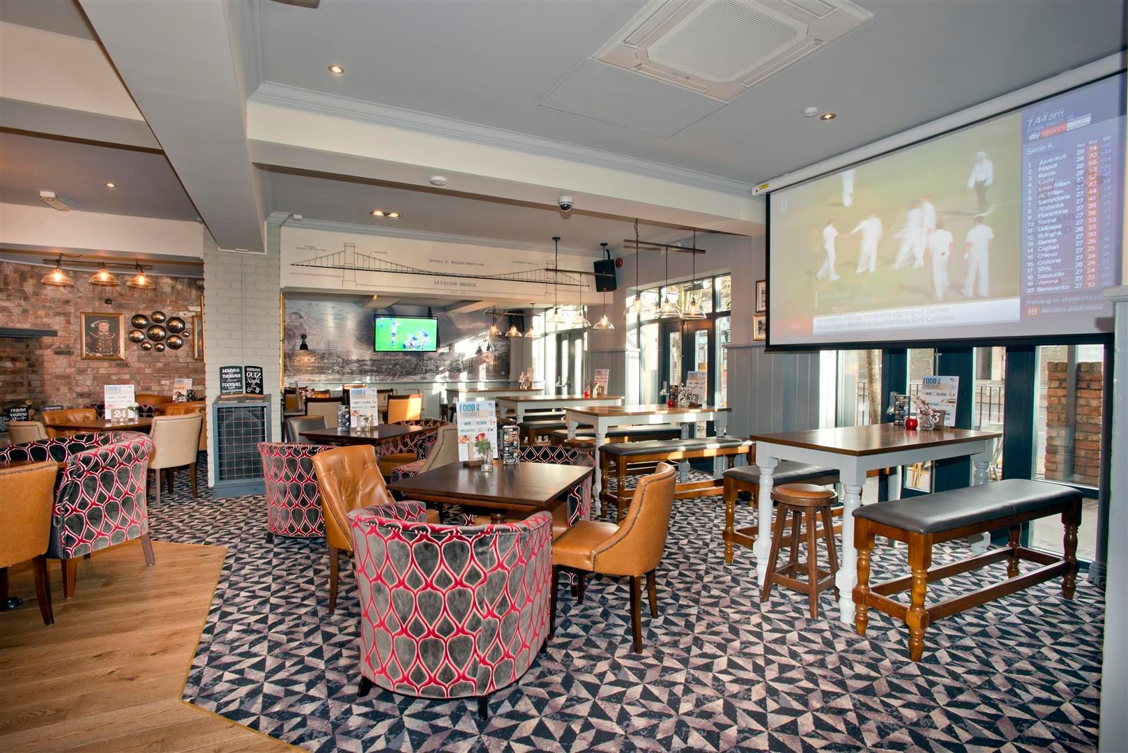 The Old Brewery, Marlow, front ground floor lounge area with pull down large screen for viewing.