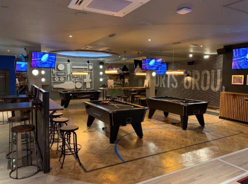 Sports Bar & Grill, Old Street, London, looking into games area.