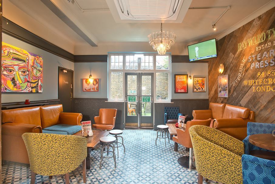 Whitecross Tap, Old Street, London, view of rear ground floor lounge area looking towards rear doors to garden area.
