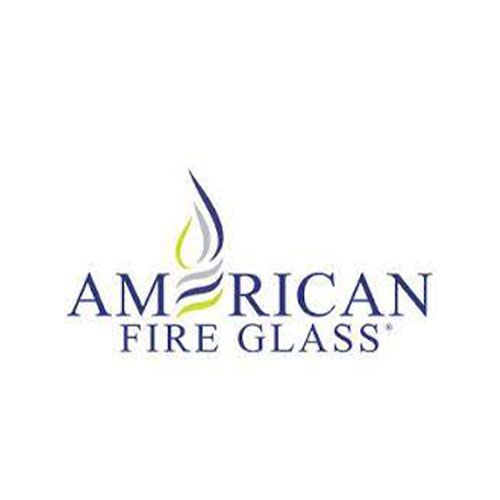 A logo for american fire glass with a flame on it.