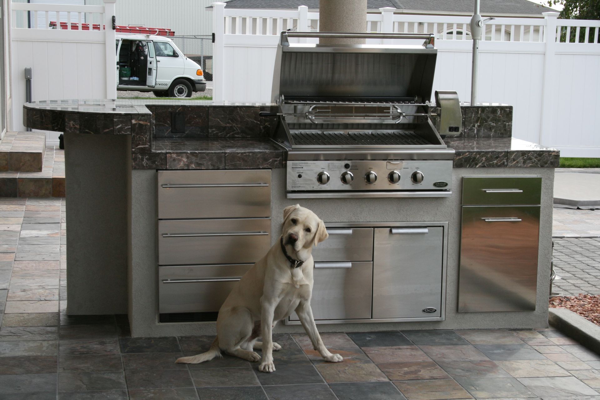 A dog sitting in front of a stainless steel grill