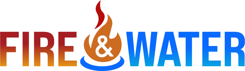 A logo for fire and water with a flame in the middle.