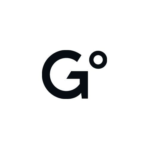 A black g with a white circle around it on a white background.