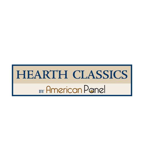 A logo for hearth classics by american panel on a white background.