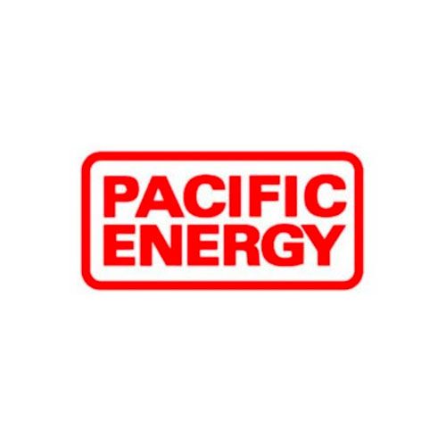 The pacific energy logo is red and white on a white background.