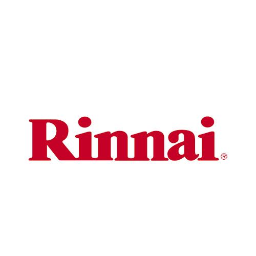 A red logo for a company called rinnai on a white background.