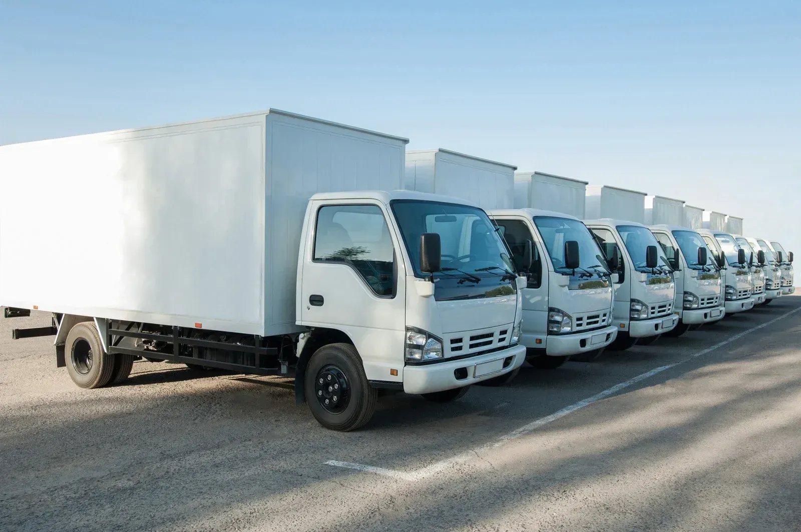 A row of white delivery trucks are parked in a parking lot.