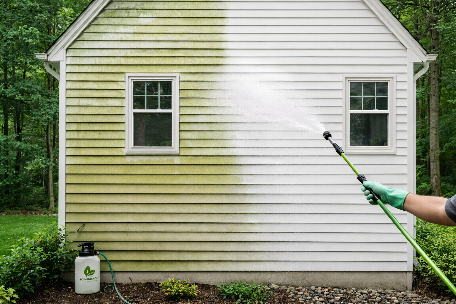 A house being pressure washed, cleaning green algae from the siding.